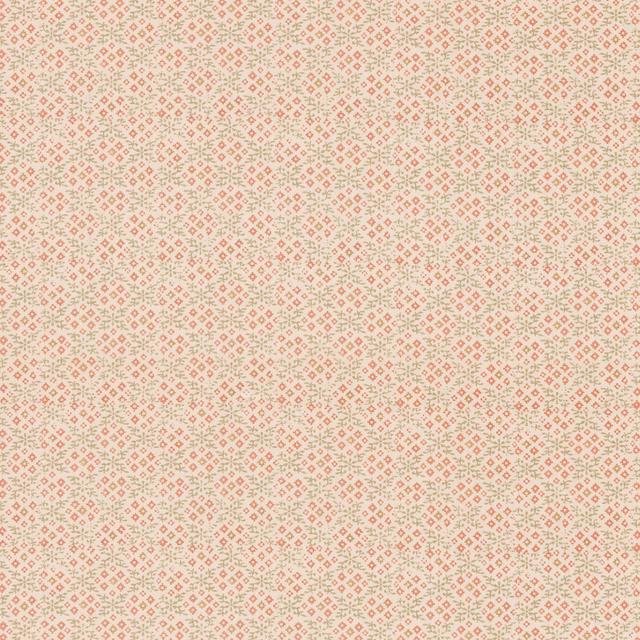 Cream linen-blend ground with tiny muted green and coral geometric motifs