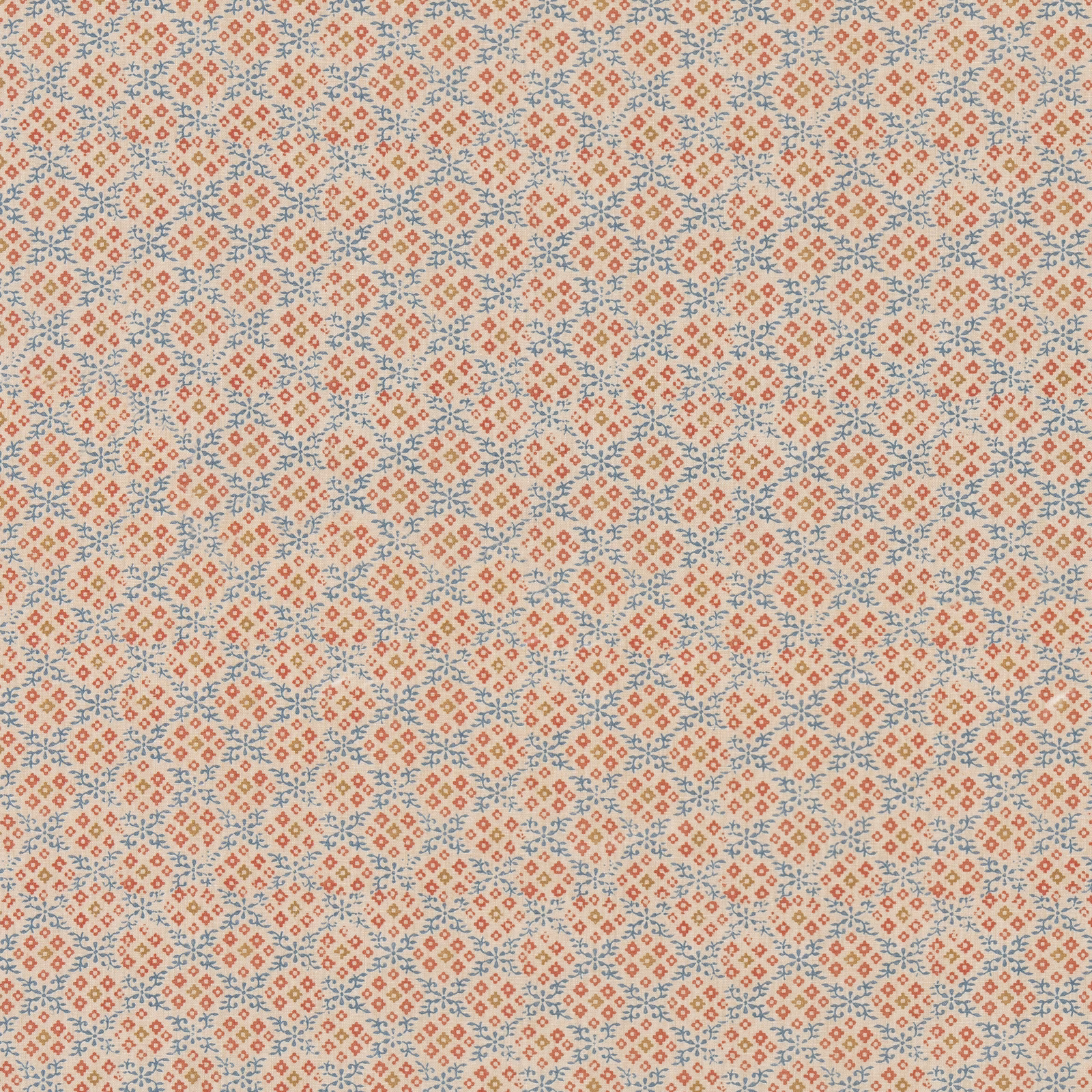 Ivory fabric with tiny indigo diamonds and coral-red geometric accents
