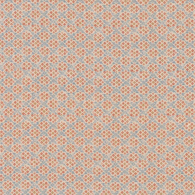 Ivory fabric with tiny indigo diamonds and coral-red geometric accents