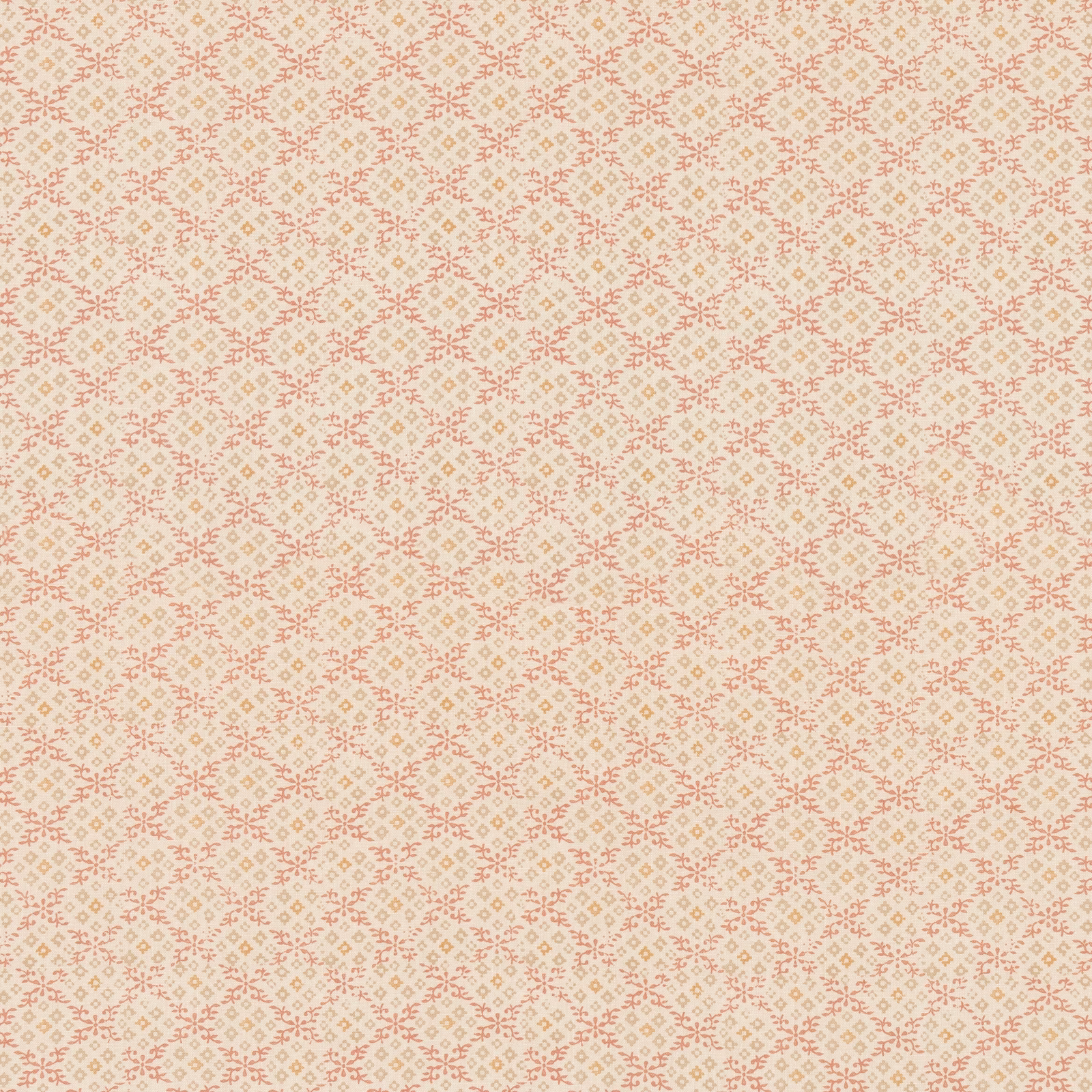Ivory fabric with a fine repeated muted coral-red geometric sprig pattern