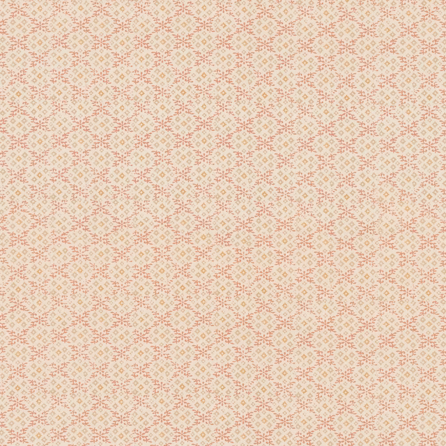 Ivory fabric with a fine repeated muted coral-red geometric sprig pattern