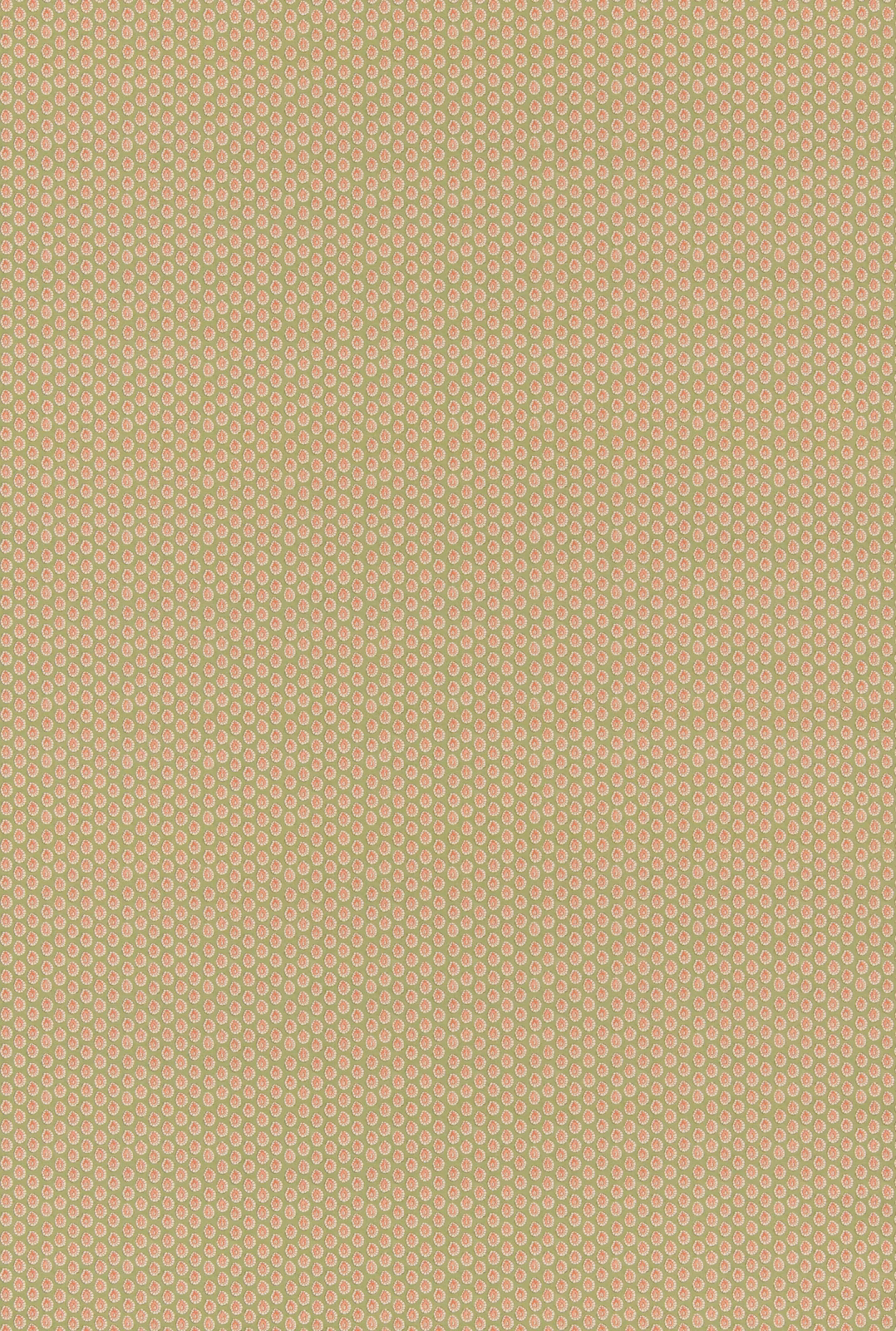 Muted sage green cotton with tiny blush-pink ring motifs in a close repeating pattern