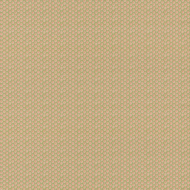 Muted sage green cotton with tiny blush-pink ring motifs in a close repeating pattern
