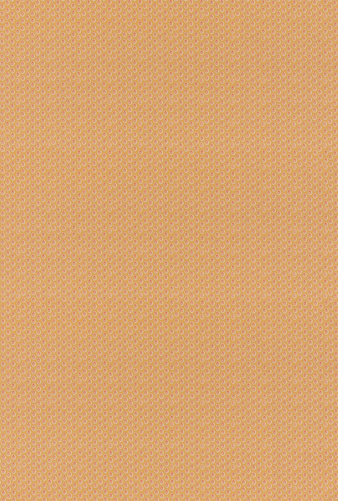 Warm ochre cotton fabric with tiny pale looping dots in a dense geometric repeat
