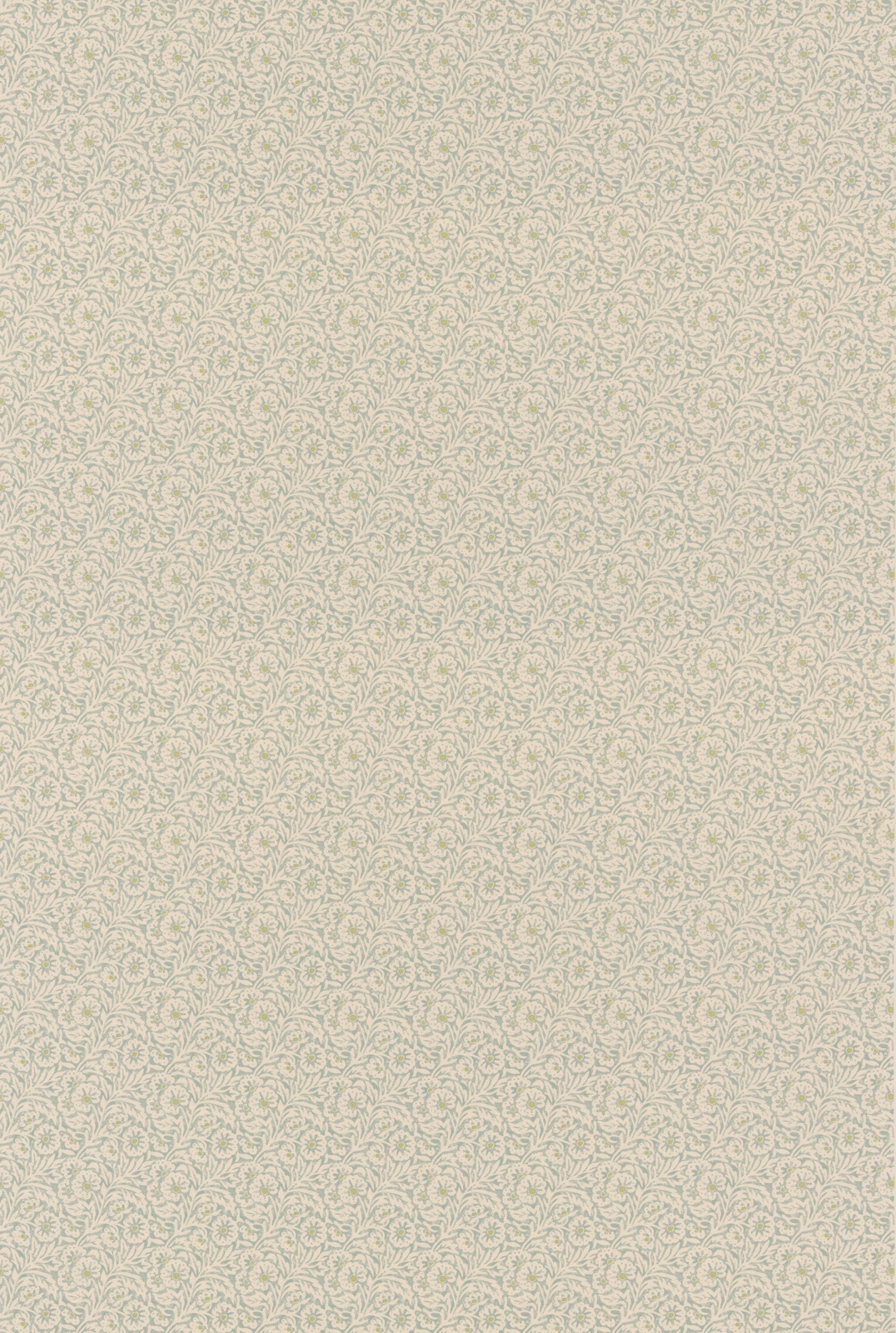 Pale aqua cotton with cream ground and densely repeated tiny curling floral motifs
