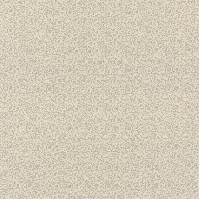 Pale aqua cotton with cream ground and densely repeated tiny curling floral motifs
