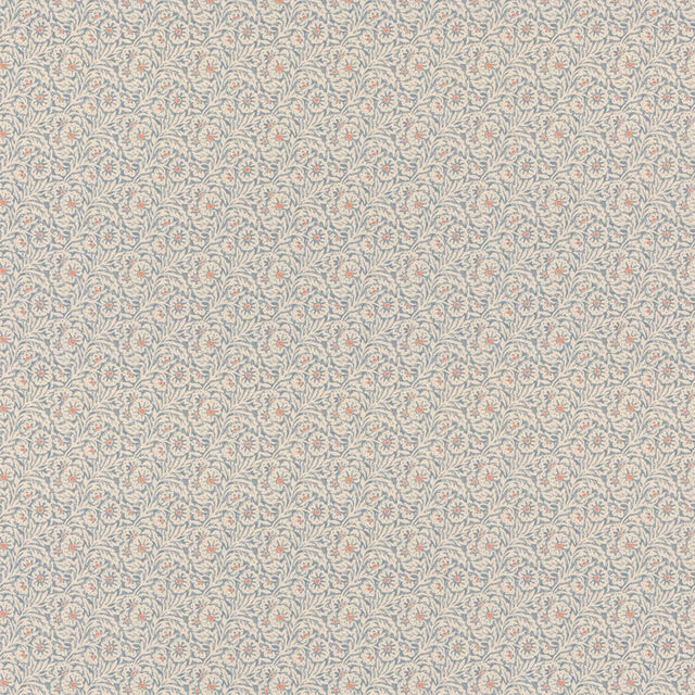 Pale blue cotton with tiny blush and green-grey scrolling floral motifs