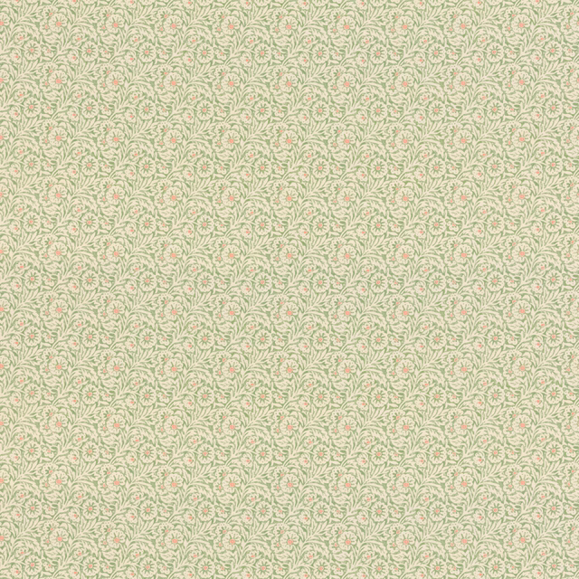 Pale sage cotton with tiny cream and blush-pink curling floral sprigs