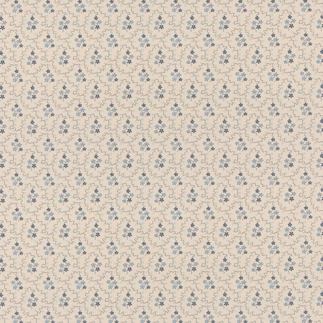 Warm cream cotton with repeating dusty blue miniature floral sprigs