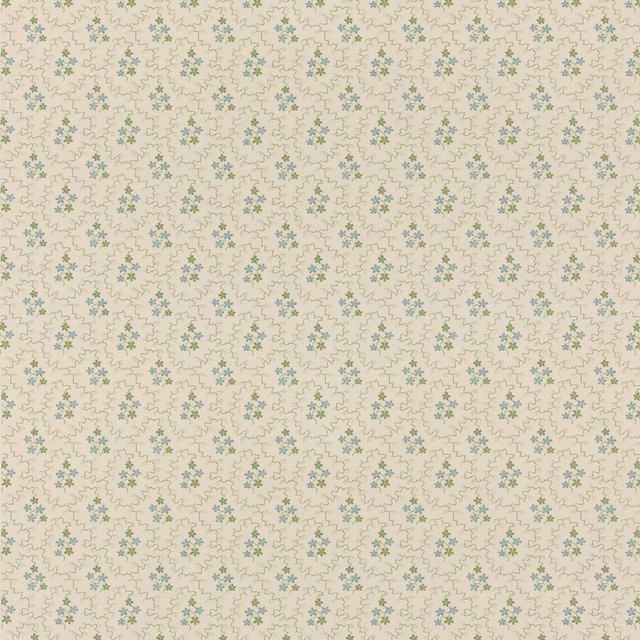 Pale cream cotton with tiny sage and aqua floral sprigs in a close repeat