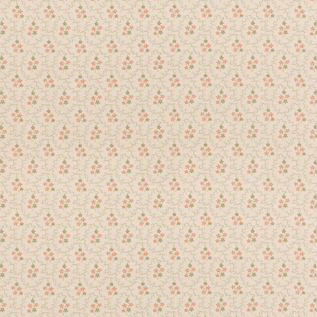 Warm cream cotton with tiny sage leaves and muted red floral sprigs