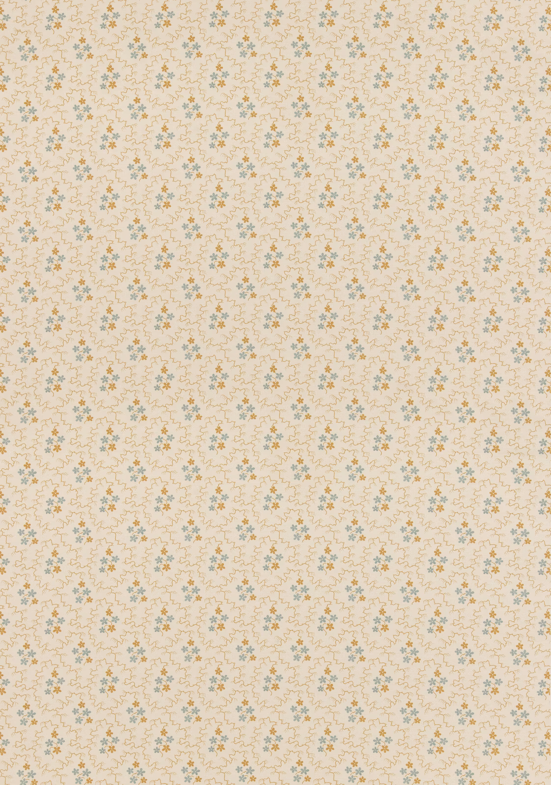 Small ochre and dusty-blue floral sprigs scattered across a pale cream cotton ground