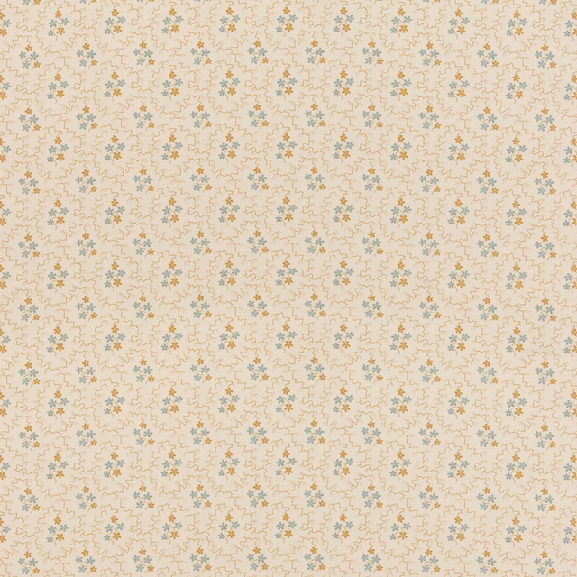Small ochre and dusty-blue floral sprigs scattered across a pale cream cotton ground