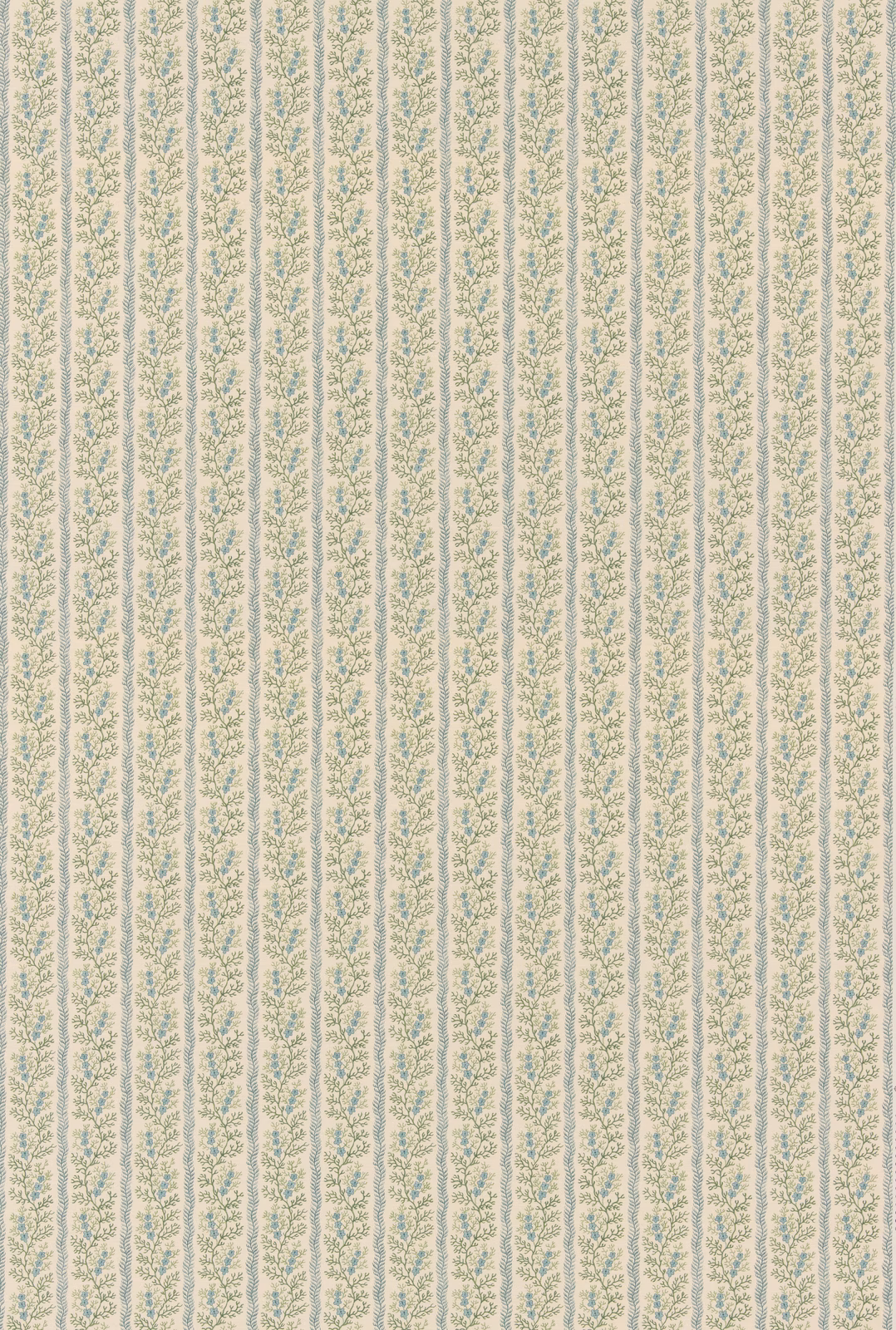 Pale cream cotton with fine dusty-blue botanical stripes and soft sage flecks