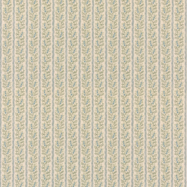 Pale cream cotton with fine dusty-blue botanical stripes and soft sage flecks