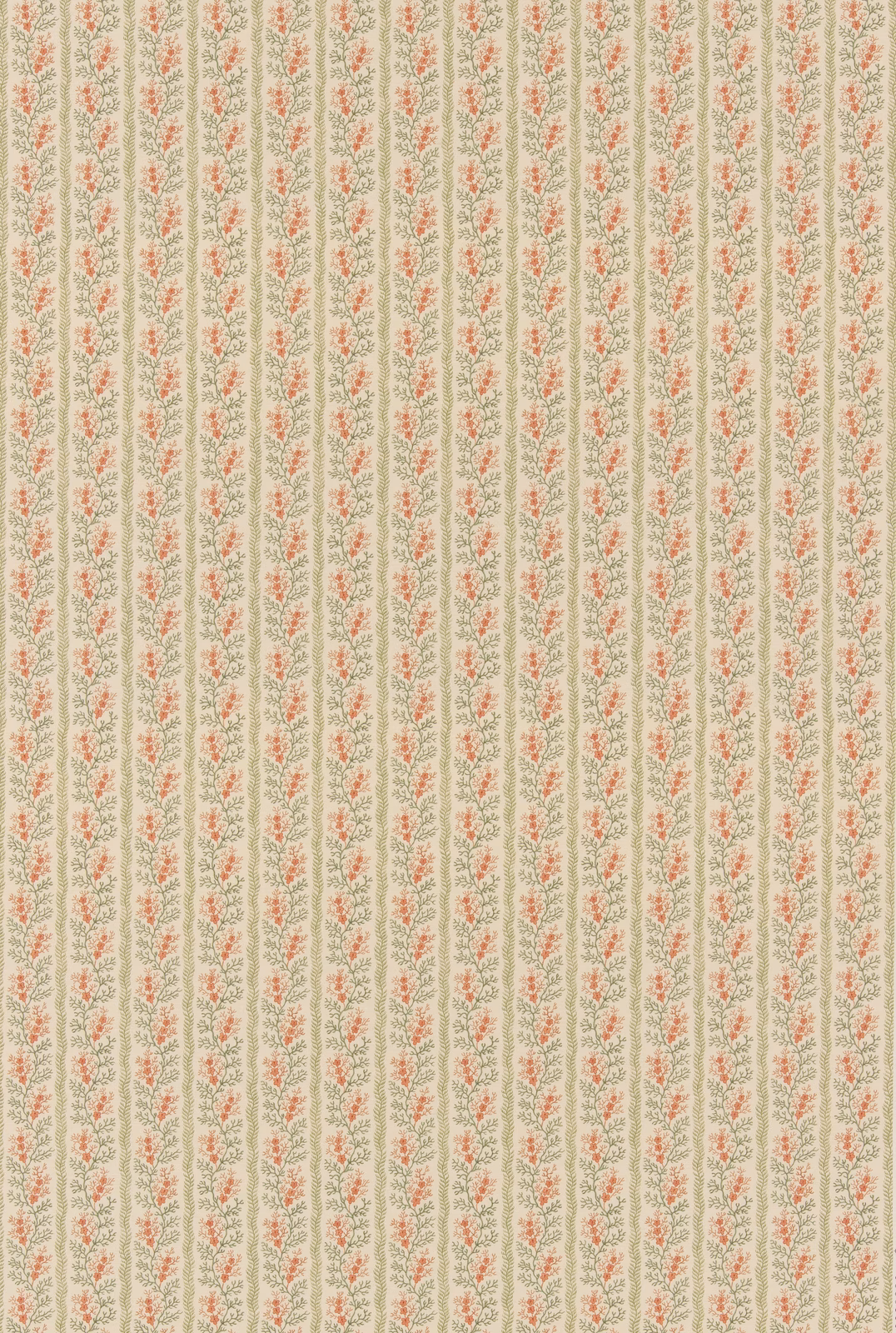Ivory fabric with narrow green stripes and tiny coral-red floral sprigs