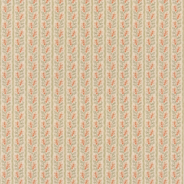 Ivory fabric with narrow green stripes and tiny coral-red floral sprigs