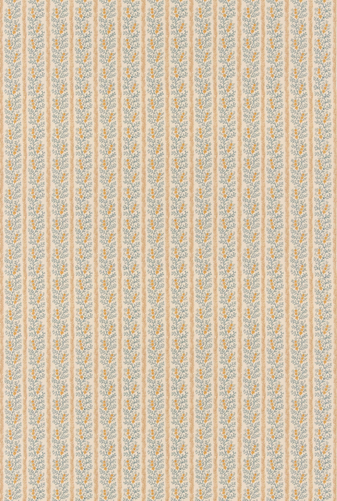 Cream cotton fabric with narrow blue and ochre botanical stripe columns