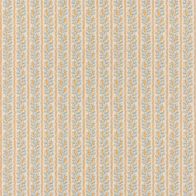 Cream cotton fabric with narrow blue and ochre botanical stripe columns