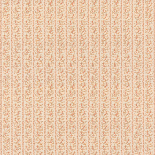 Ivory cotton fabric with narrow vertical stripes of soft red floral sprigs