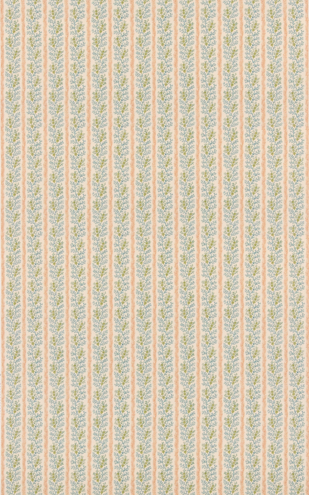 Pale cream cotton with teal leafy stripes and slim coral-red lines