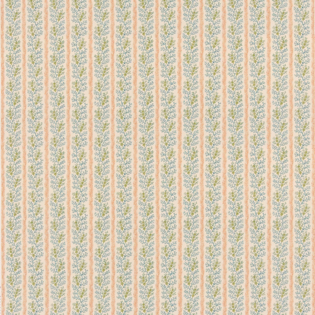 Pale cream cotton with teal leafy stripes and slim coral-red lines