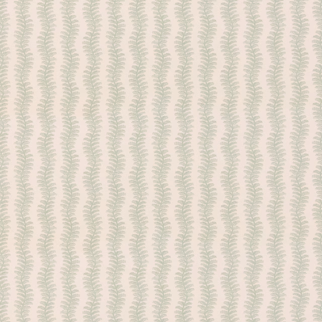 Pale aqua leafy sprigs in narrow vertical rows on an ivory cotton ground