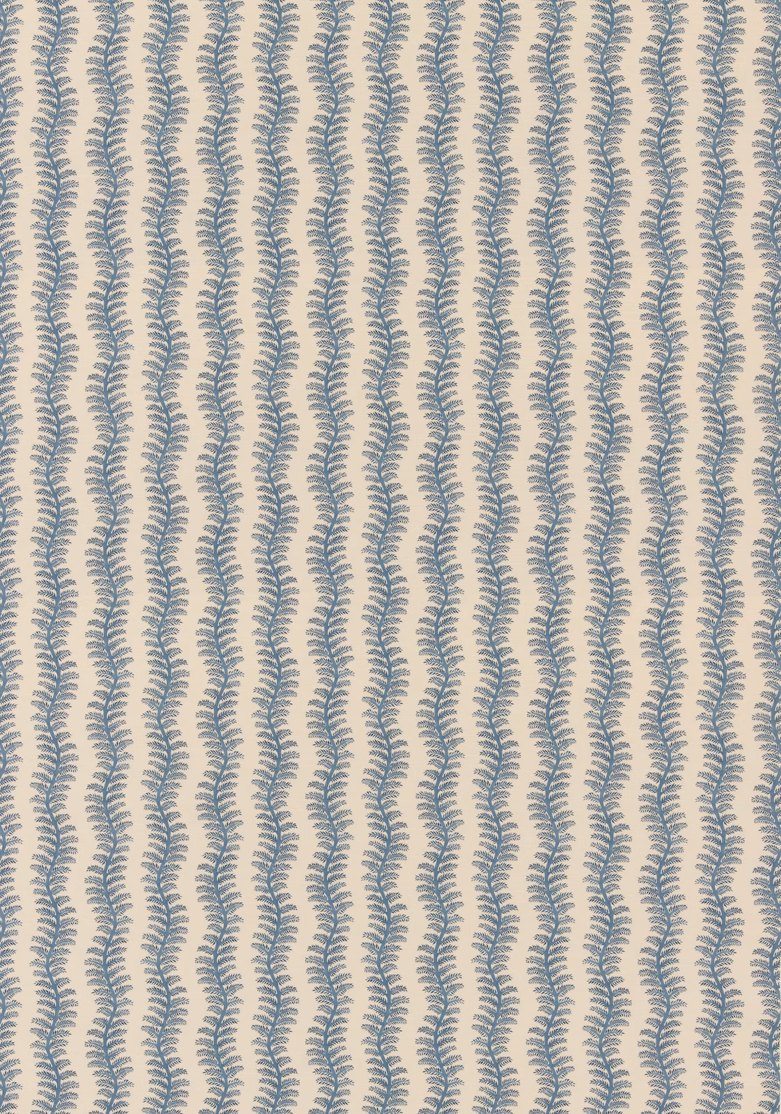 Cream cotton with cool indigo scalloped wavy stripes in a neat repeat