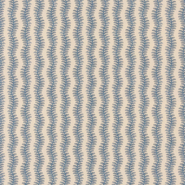 Cream cotton with cool indigo scalloped wavy stripes in a neat repeat