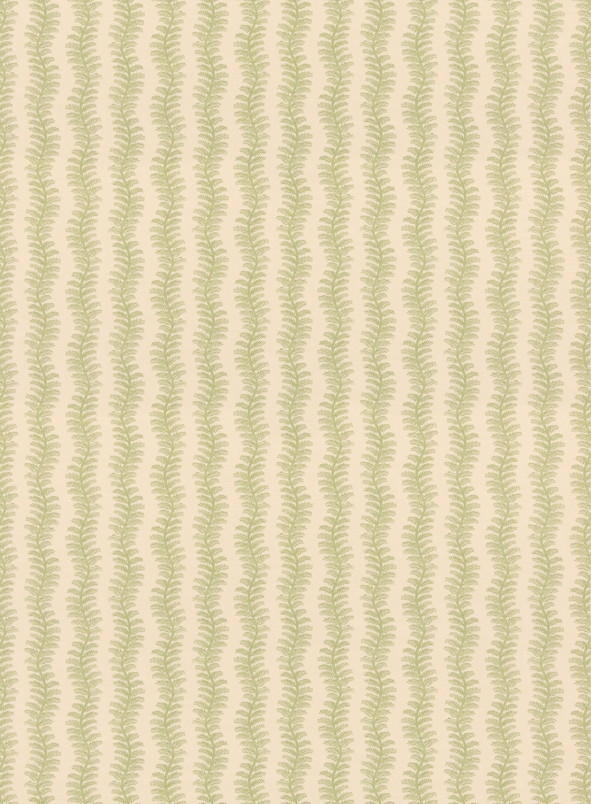 Cream cotton with narrow vertical rows of pale leaf green fern-like sprigs