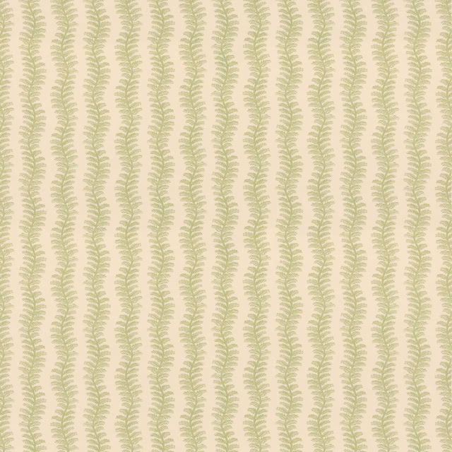 Cream cotton with narrow vertical rows of pale leaf green fern-like sprigs