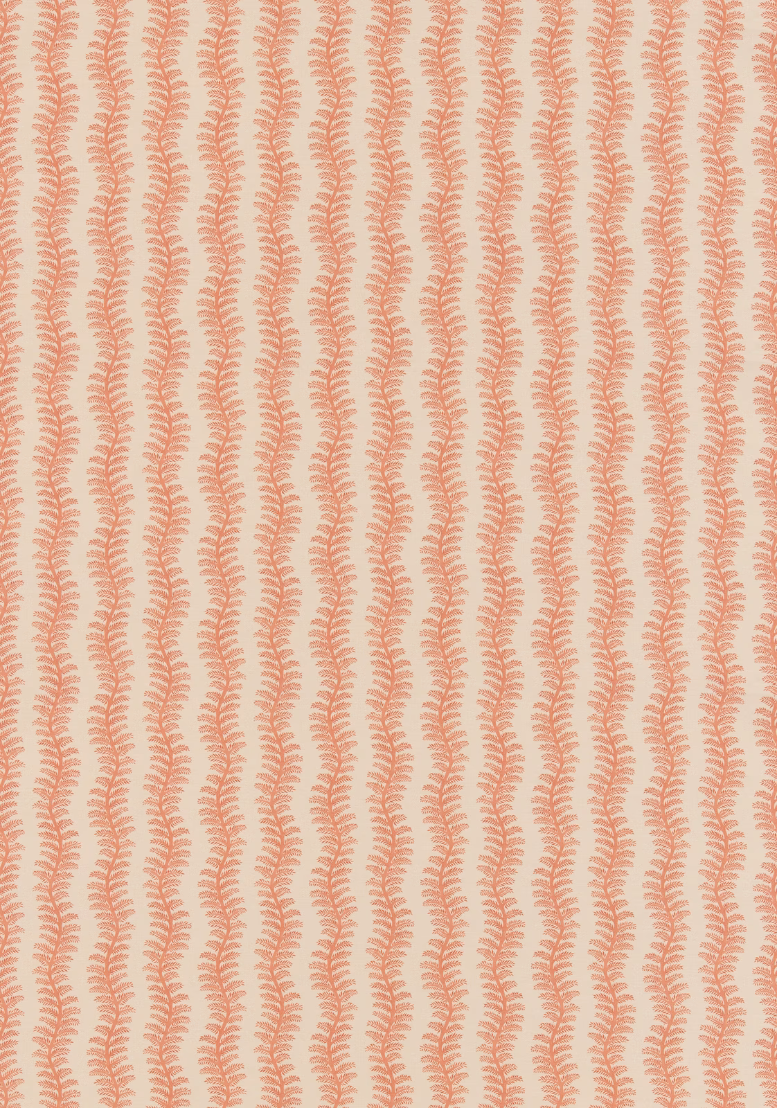 Soft red fern-like vertical stripes on a cream cotton fabric ground
