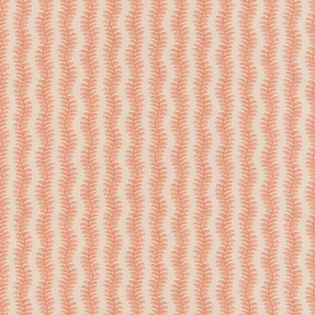 Soft red fern-like vertical stripes on a cream cotton fabric ground