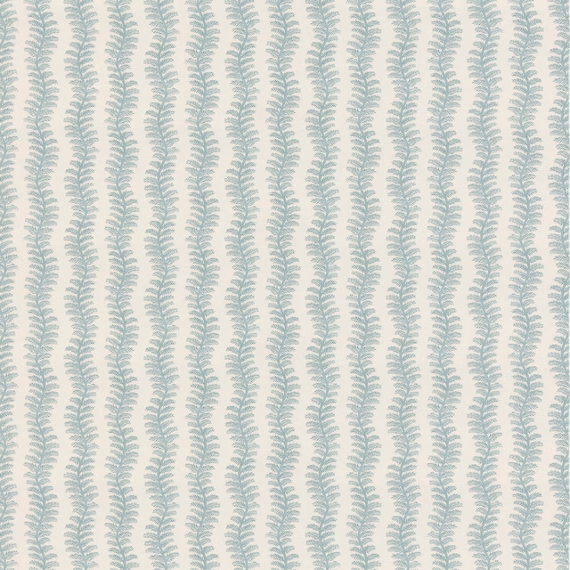 Soft teal fern-like stripes repeat over an ivory cotton ground