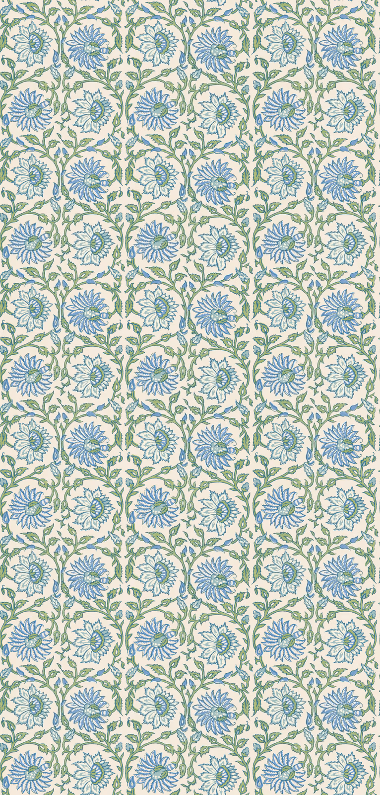 Cream wallpaper with repeating blue flowers and green leafy curling stems