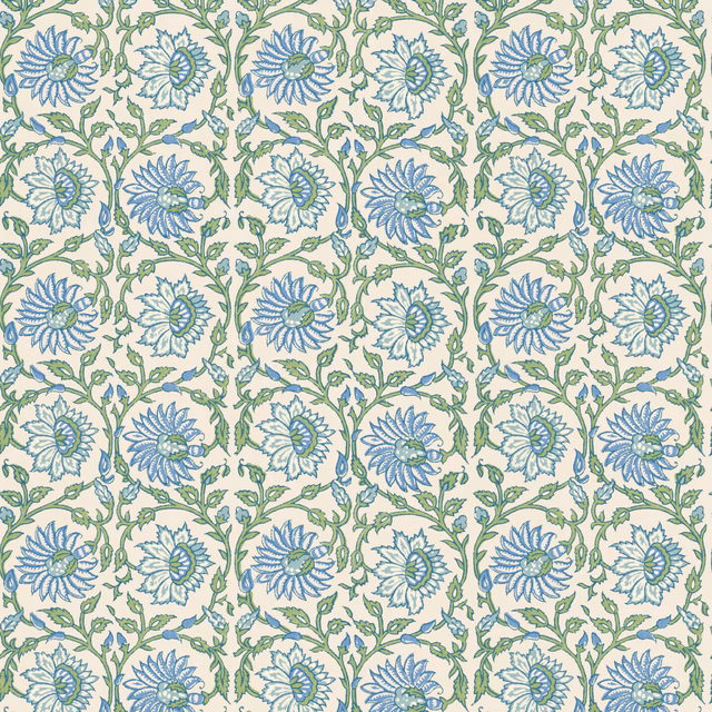 Cream wallpaper with repeating blue flowers and green leafy curling stems
