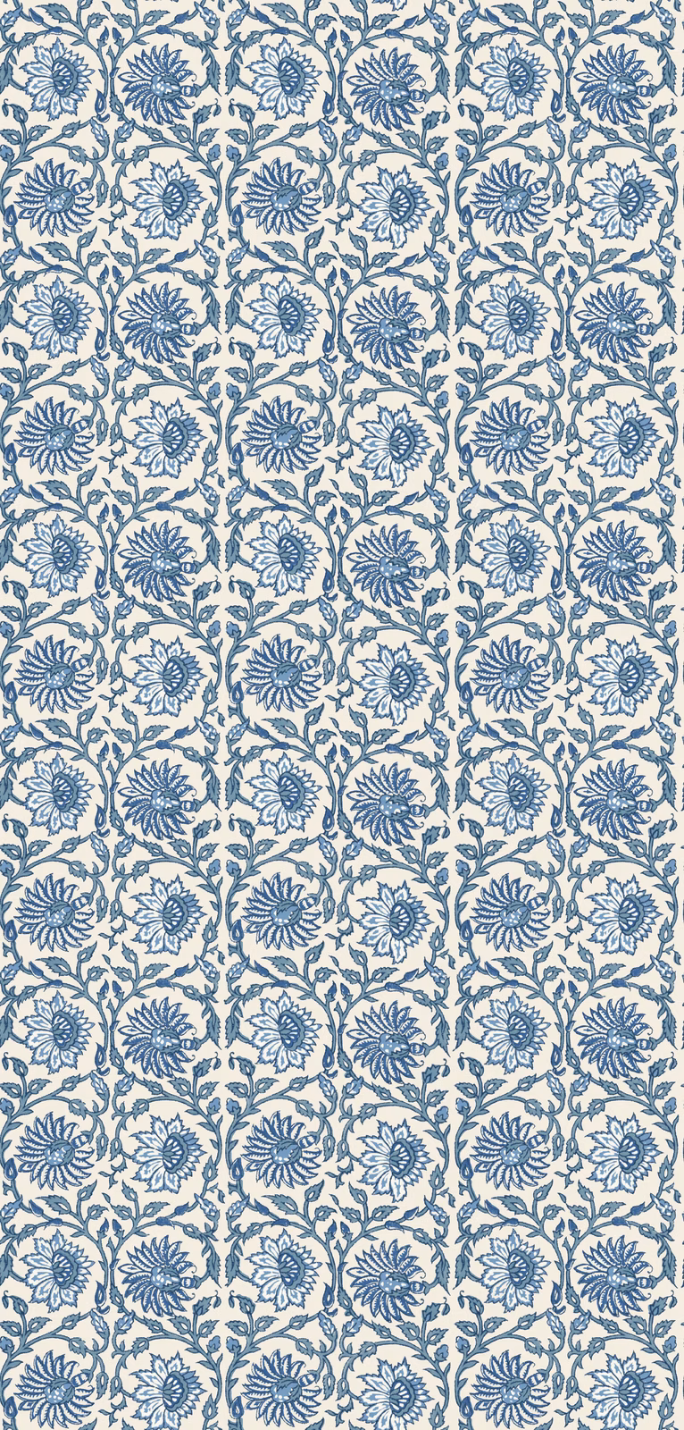Cool indigo floral sprigs and medallions on an ivory wallpaper ground