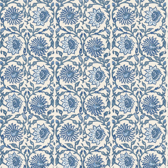 Cool indigo floral sprigs and medallions on an ivory wallpaper ground