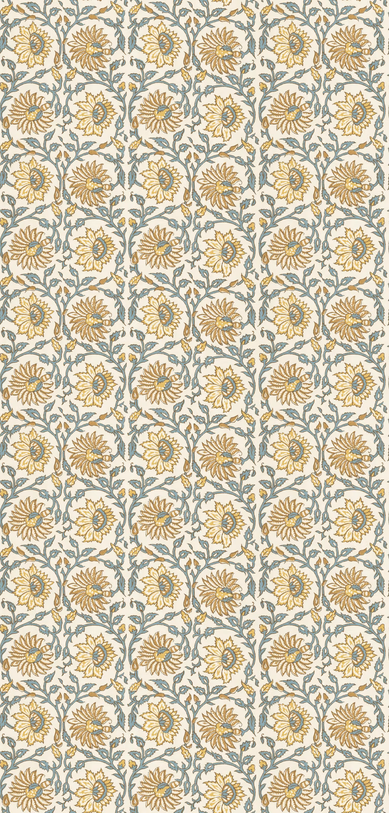 Ochre flowers and muted teal foliage repeating on a warm cream wallpaper ground