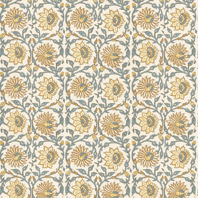 Ochre flowers and muted teal foliage repeating on a warm cream wallpaper ground