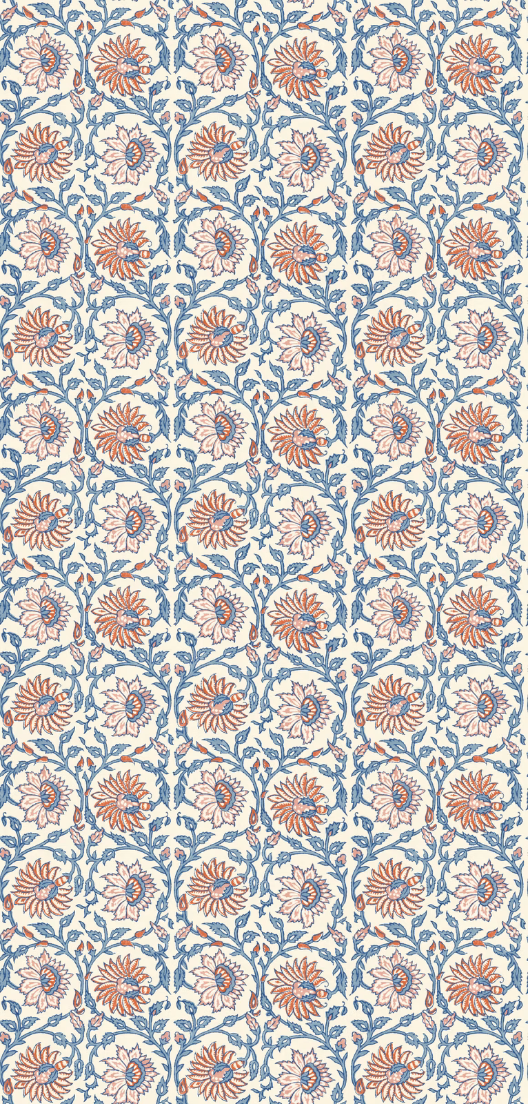 Cream wallpaper with coral-red flowers and blue leafy vines in a compact repeat