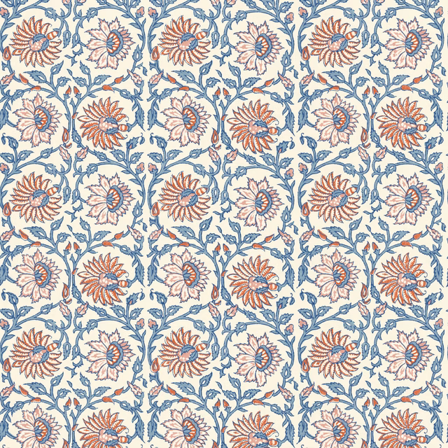 Cream wallpaper with coral-red flowers and blue leafy vines in a compact repeat