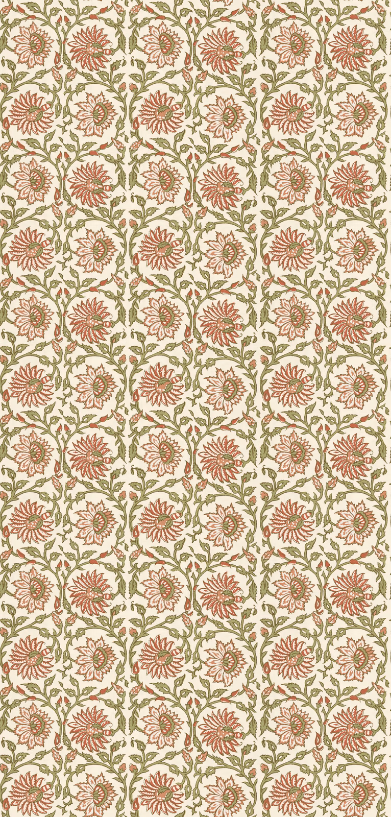 Cream wallpaper with muted red flowers and olive-green leafy vines in a small repeat