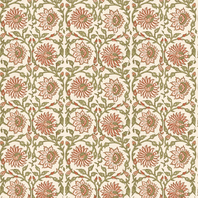 Cream wallpaper with muted red flowers and olive-green leafy vines in a small repeat