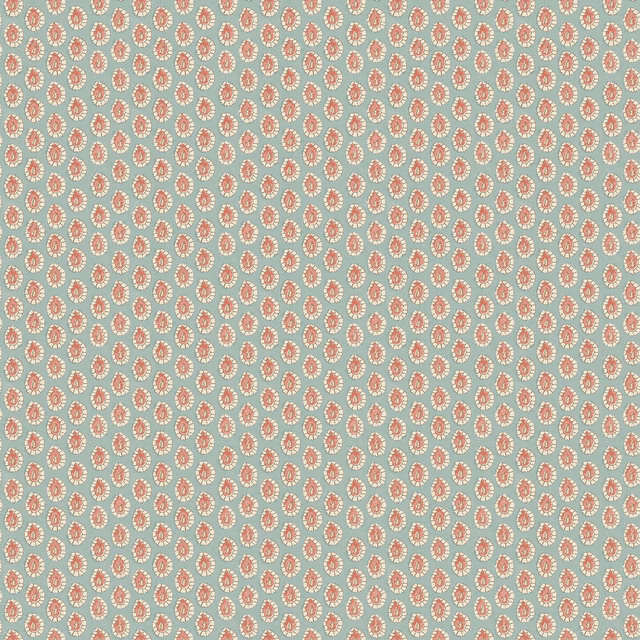 Pale aqua wallpaper with closely spaced coral lozenges in a tiny repeating pattern
