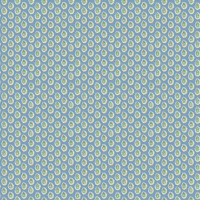 Pale blue wallpaper with dense green-and-cream oval motifs in a fine repeat