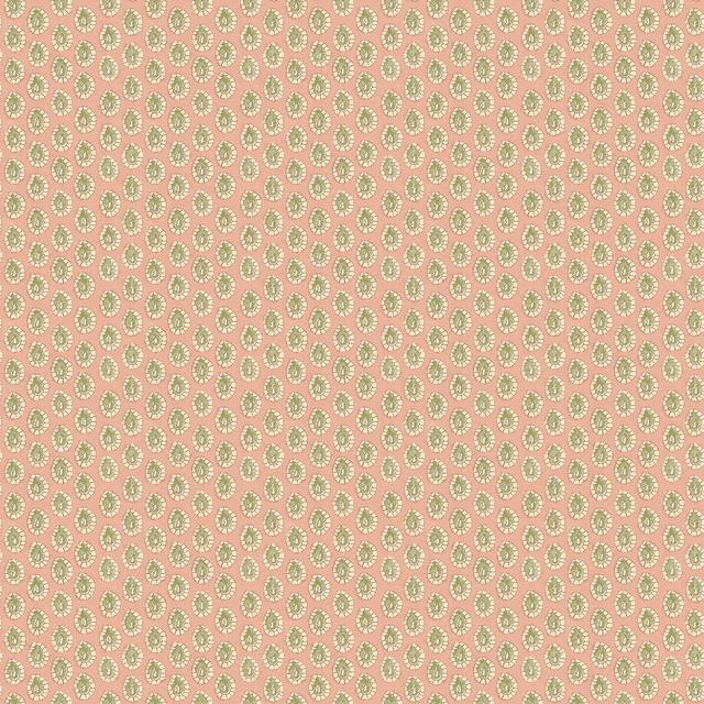Blush pink wallpaper with pale green and cream small geometric oval motifs