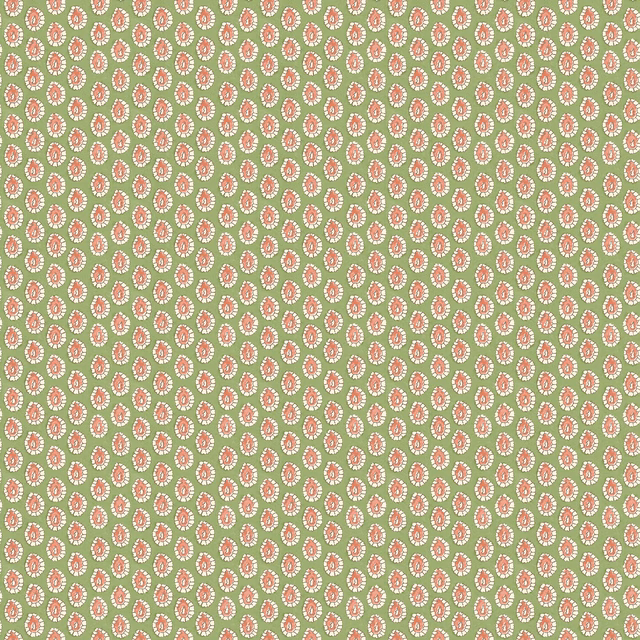 Pale sage wallpaper with dense coral-pink oval dots and cream highlights