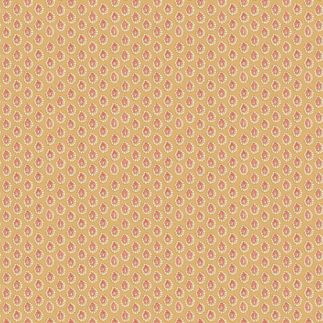 Warm ochre wallpaper with tightly spaced rose-pink diamond motifs and pale highlights