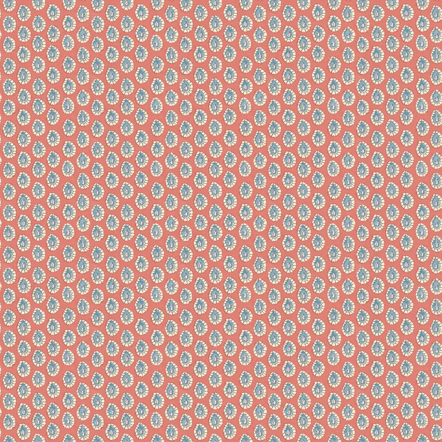 Coral-red wallpaper with tightly spaced pale blue oval dot motifs